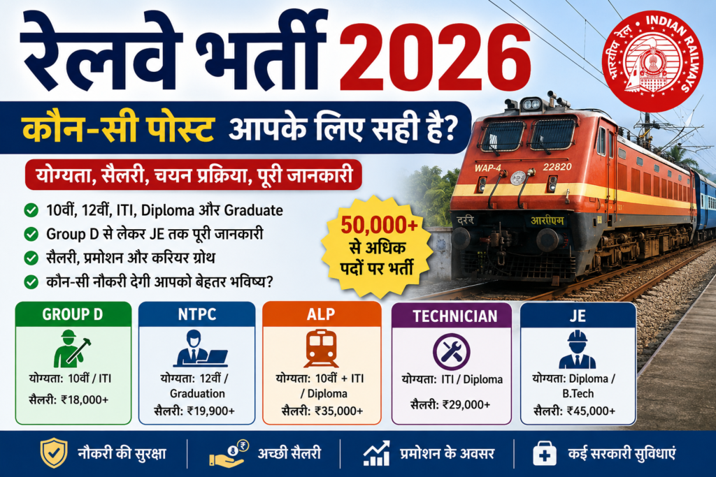 रेलवे भर्ती 2026 में Group D, NTPC, ALP और JE पदों की जानकारी